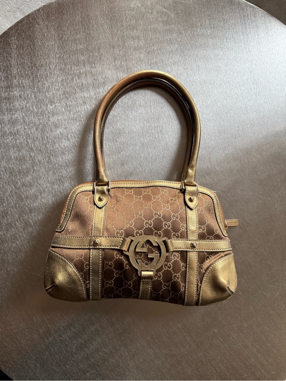 Gucci Brown Monogram and Gold Trim Shoulder Bag